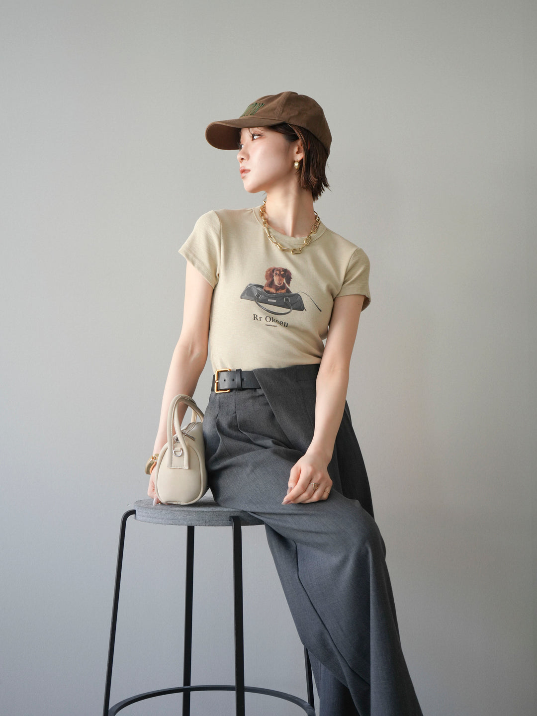 [SET]ドッグコンパクトTEE+アシンメトリーベルトタックワイドパンツ(2set)