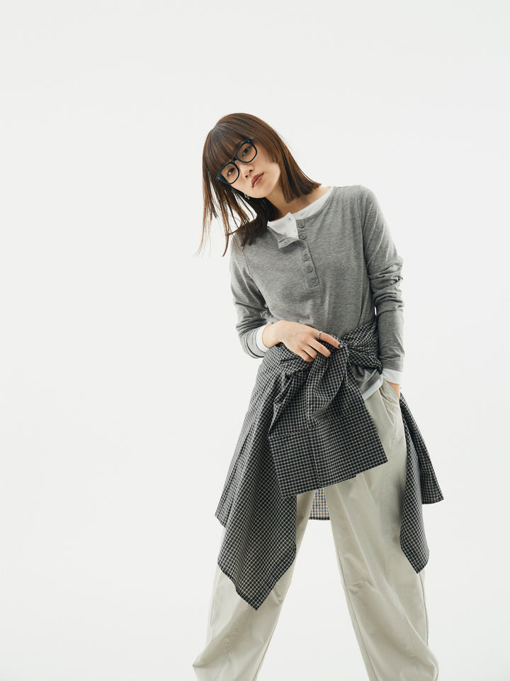 【Allure】[SET]配色レイヤードヘンリーネックトップス+タフタワイドカーブパンツ+チェックBIGカフスオーバーシャツ(3set)