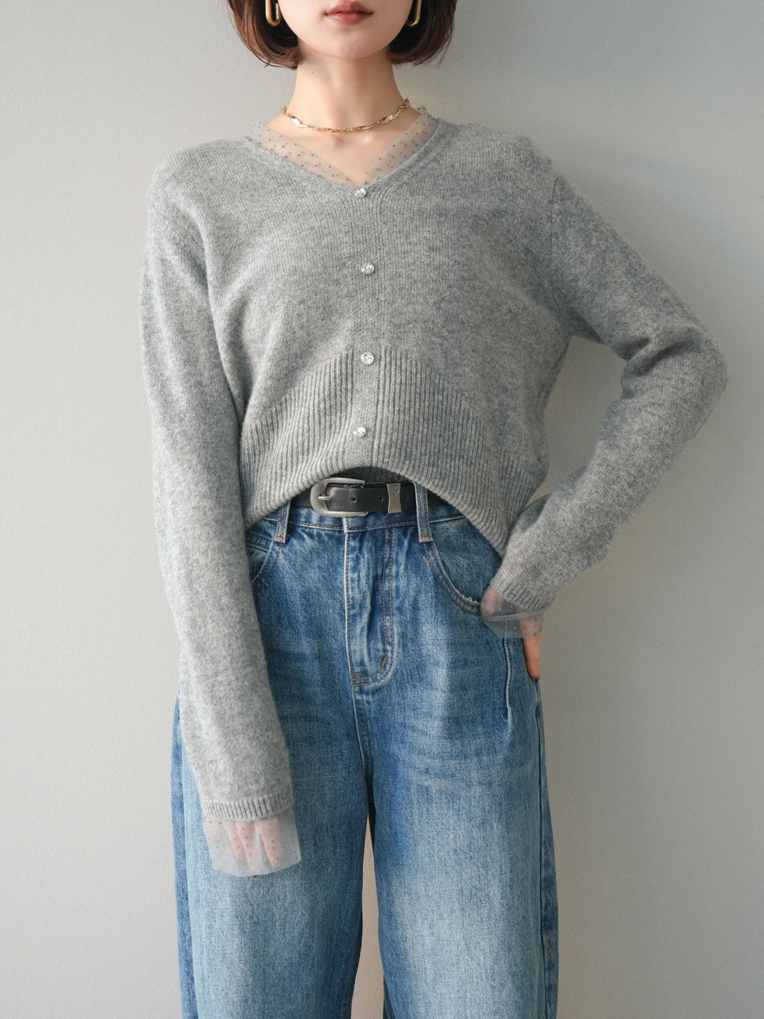 [予約]ドットチュールレイヤードボタンニットトップス/gray