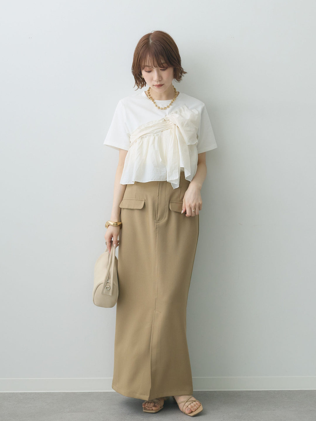【着回しセット】[SET]ナイロンドッキングツイストTEE +ナイロンドッキングツイストTEE +クレープデシンフラップ付きストレートスカート(3set)