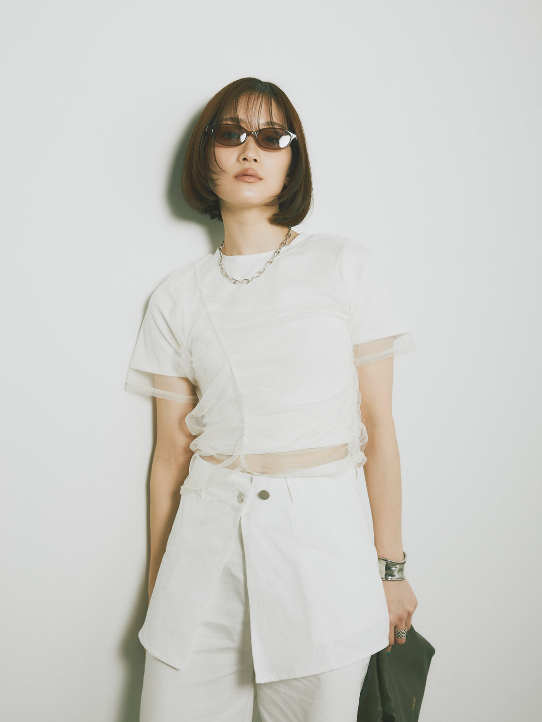 【Allure】[SET]シャーリングチュールレイヤードTシャツ+シャーリングチュールレイヤードTシャツ(2set)