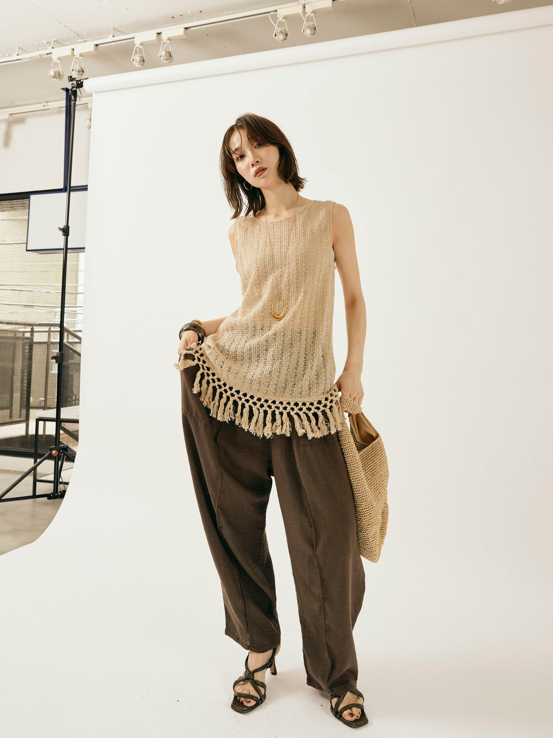 【Allure】[SET]フリンジ透かし編みニットベスト+リネンライクベイカーバルーンパンツ(2set)