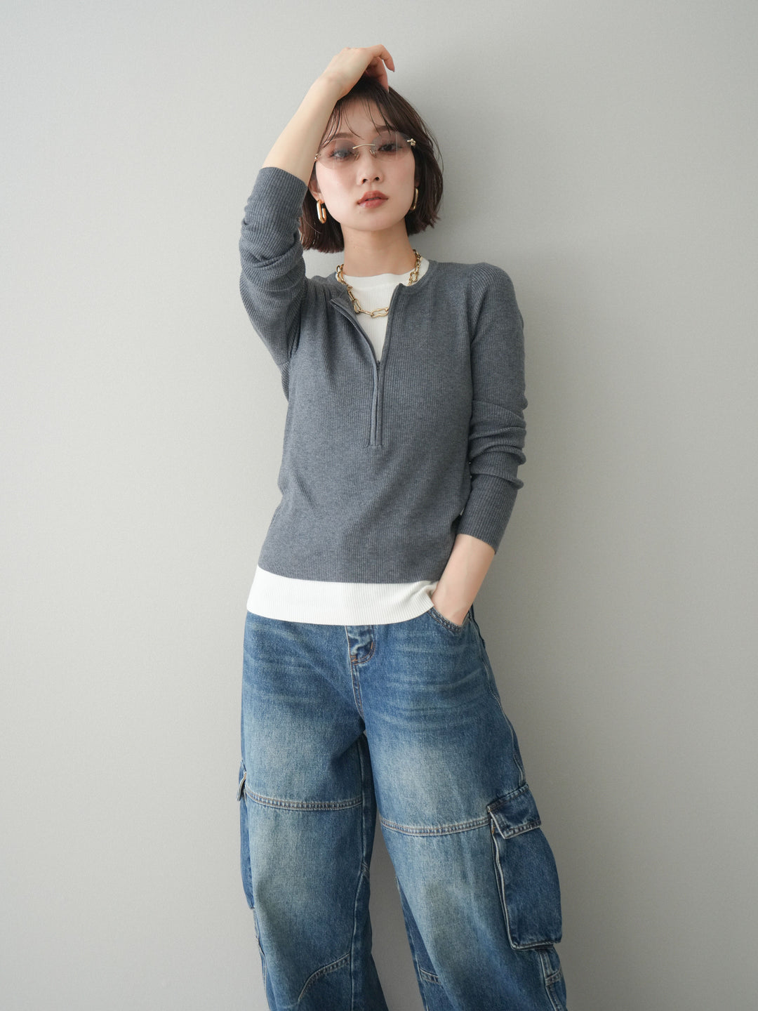 [予約]フロントジップ配色レイヤードニットトップス/gray