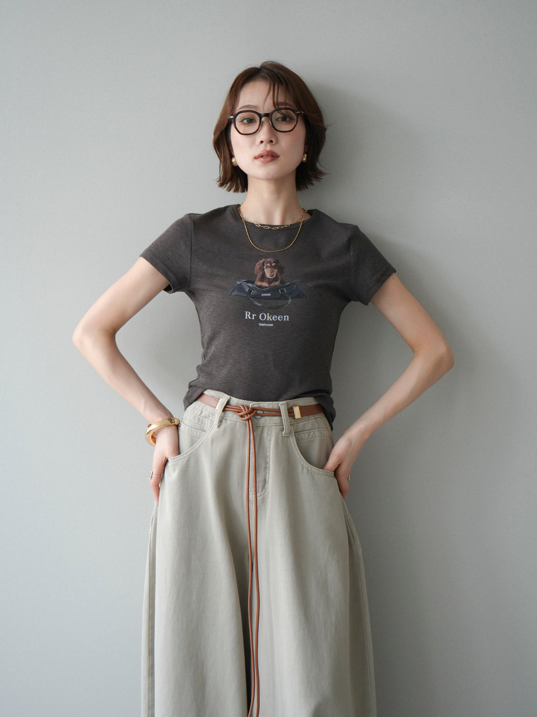 [SET]ドッグコンパクトTEE+ベルト付ボリュームデザインデニム(2set)