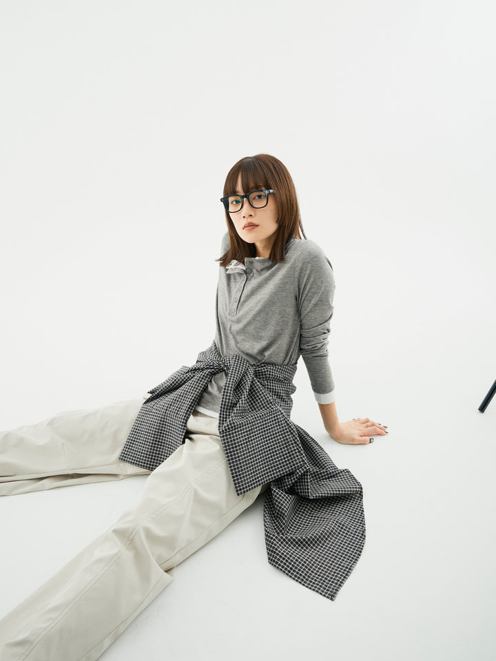 【Allure】[SET]配色レイヤードヘンリーネックトップス+タフタワイドカーブパンツ+チェックBIGカフスオーバーシャツ(3set)