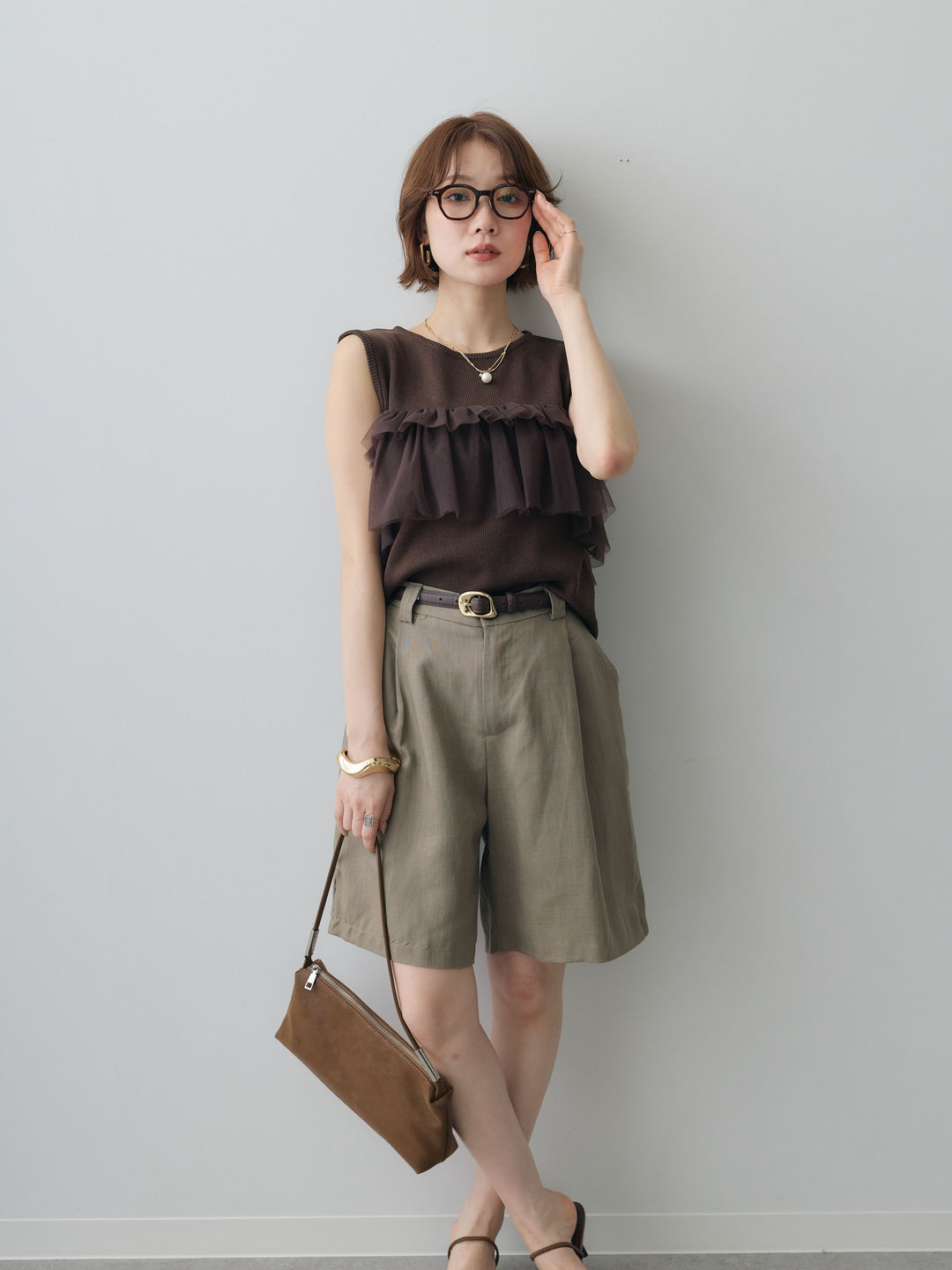 [予約]チュールフリルニットノースリトップス/brown