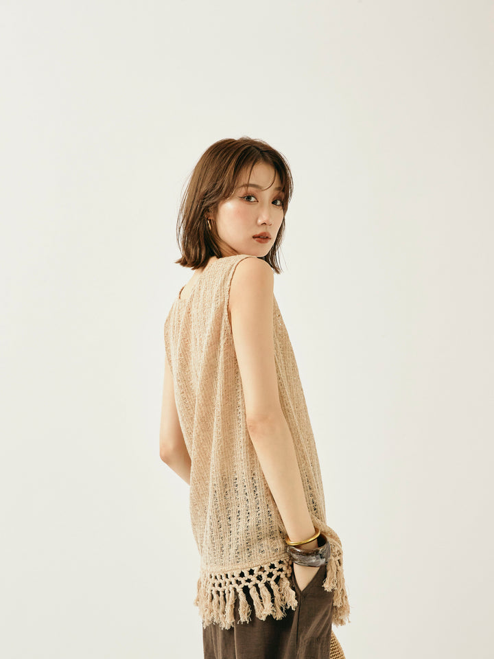 【Allure】[SET]フリンジ透かし編みニットベスト+フリンジ透かし編みニットベスト(2set)