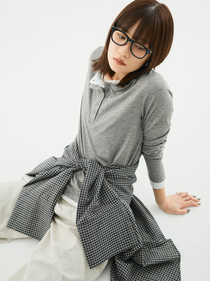 【Allure】[SET]配色レイヤードヘンリーネックトップス+タフタワイドカーブパンツ+チェックBIGカフスオーバーシャツ(3set)