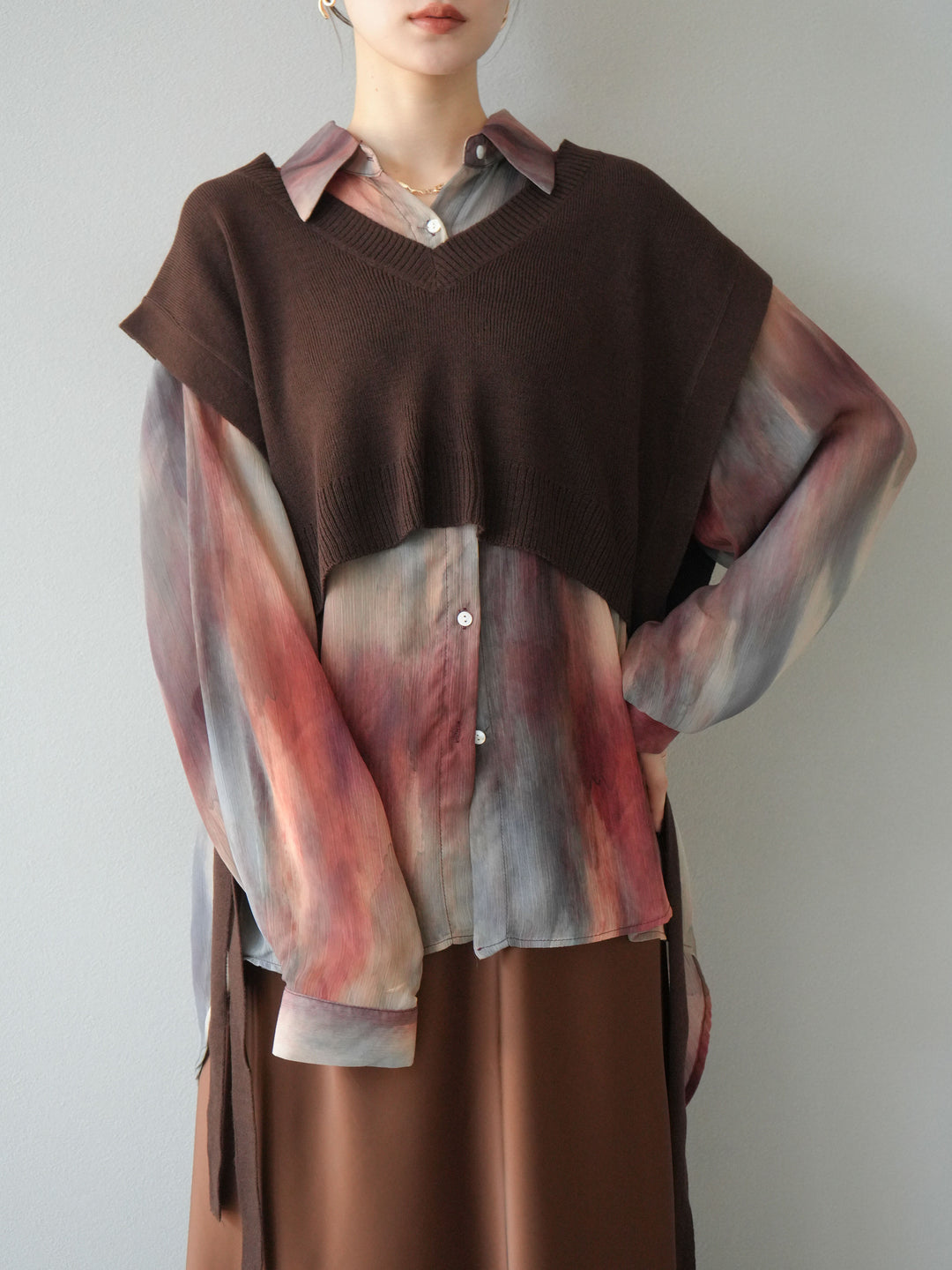 [予約]サイドリボンVネックショートニットベスト/ブラウン