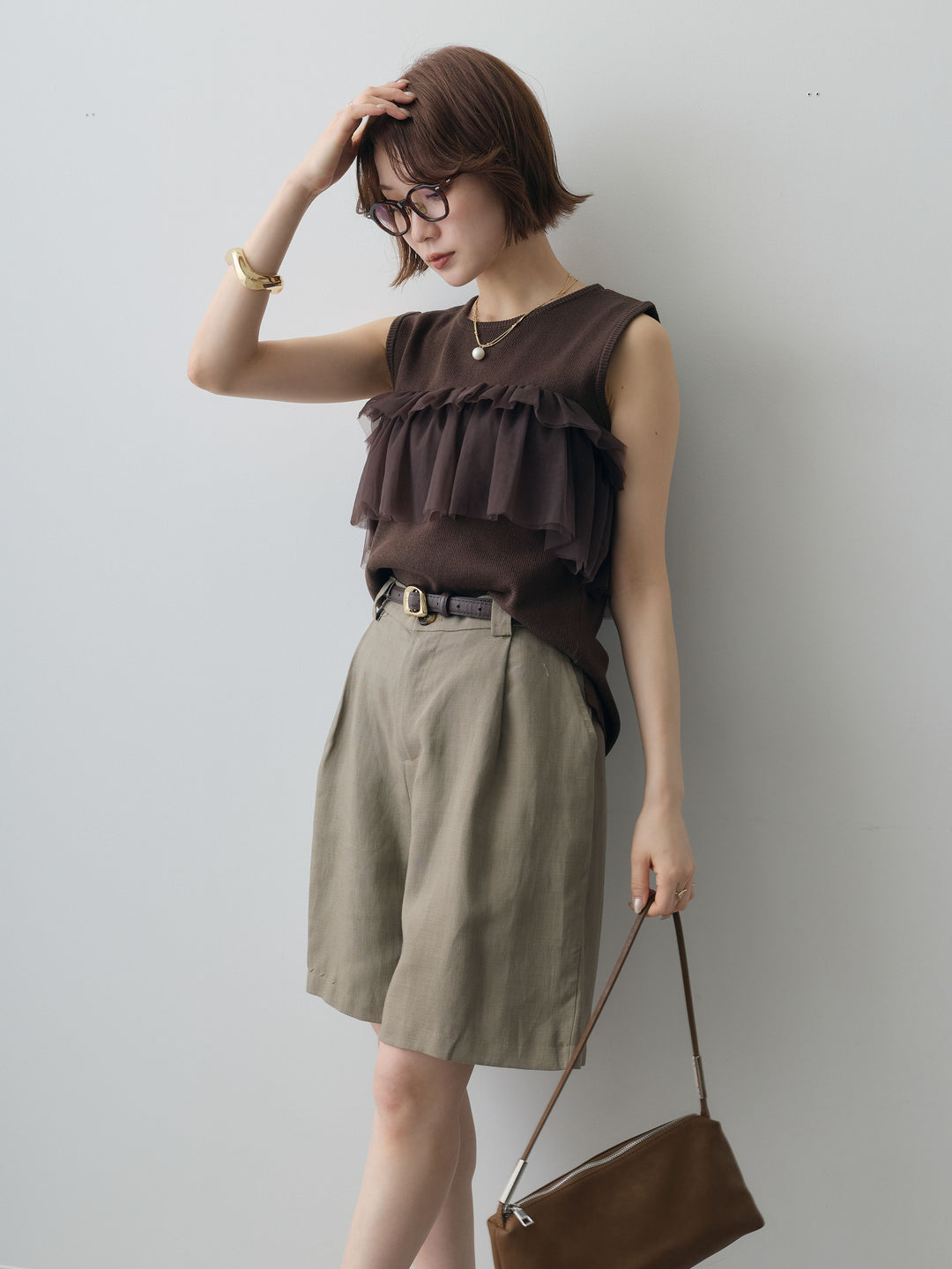 [予約]チュールフリルニットノースリトップス/brown