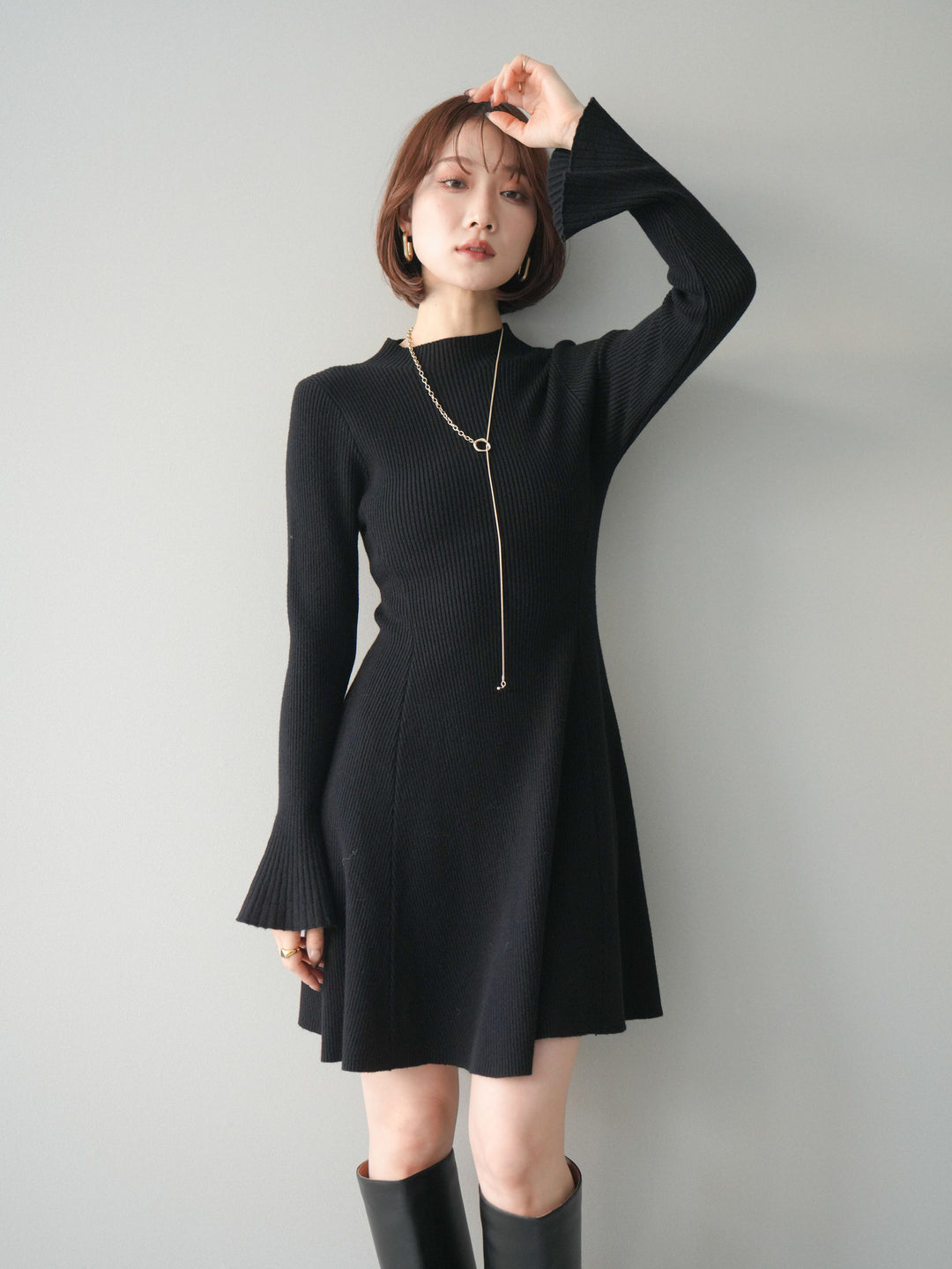 [予約]フレアリブニットミニワンピース/black