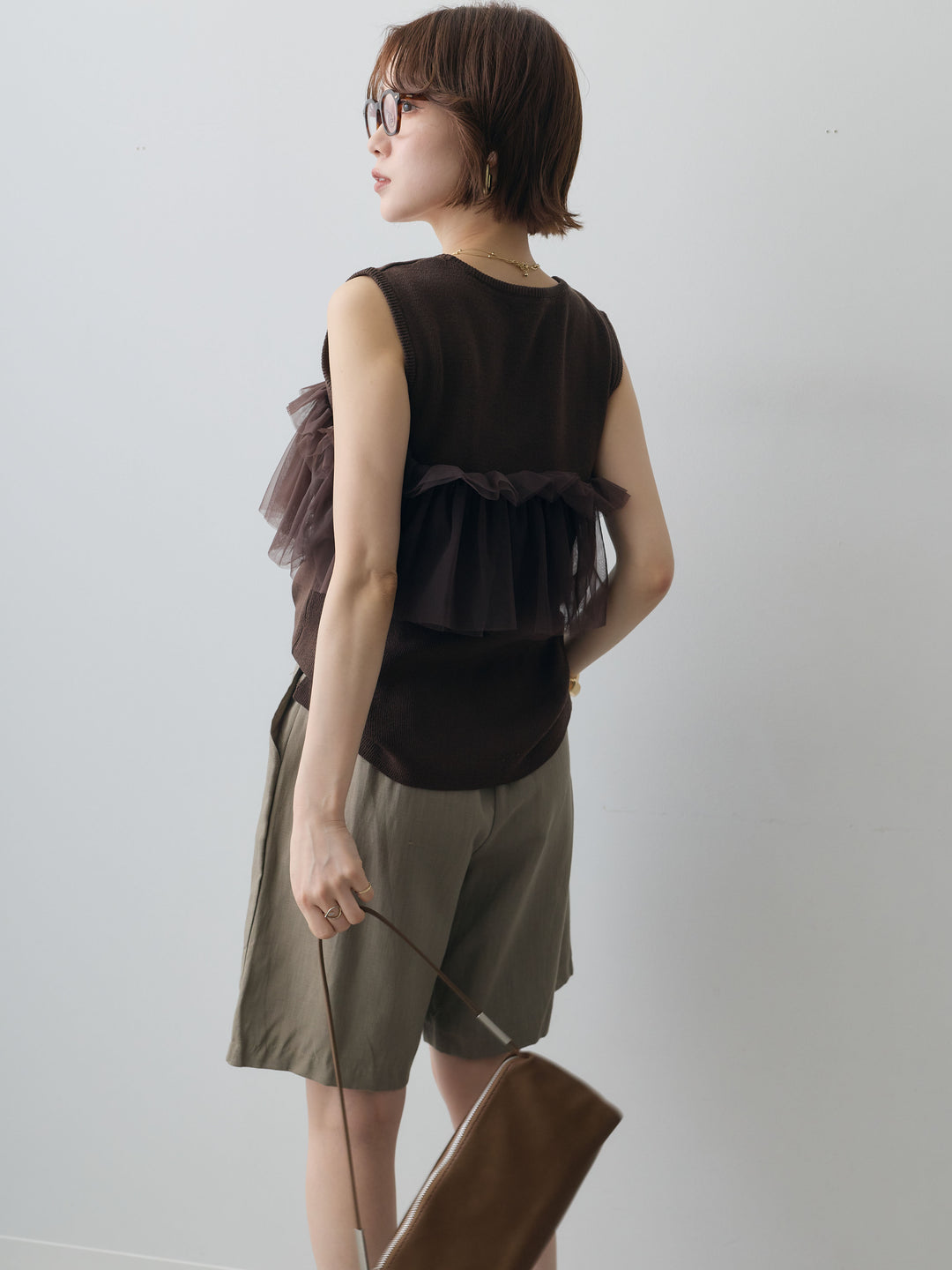 [予約]チュールフリルニットノースリトップス/brown