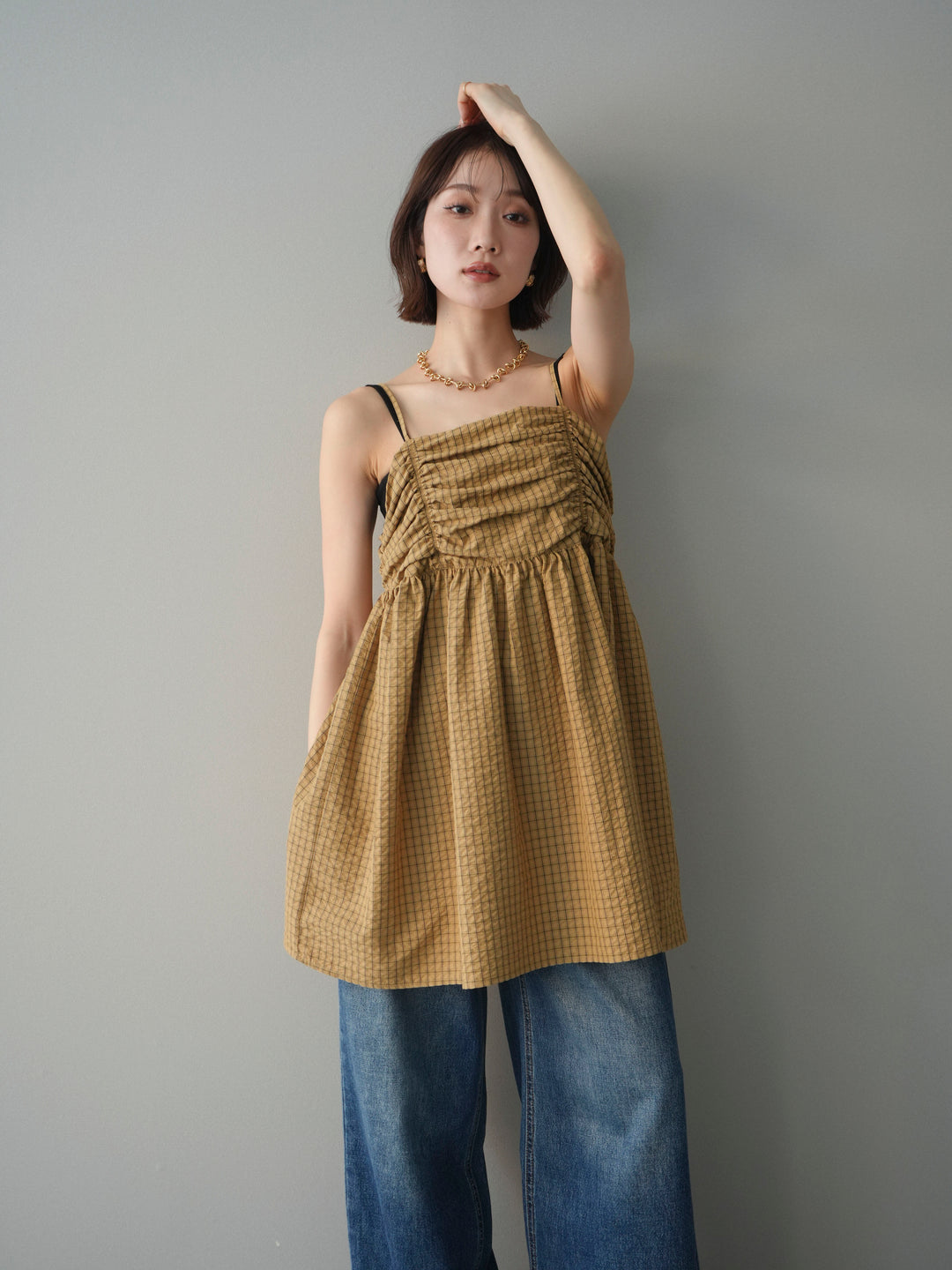 [予約]チェックギャザーキャミソールチュニック/brown