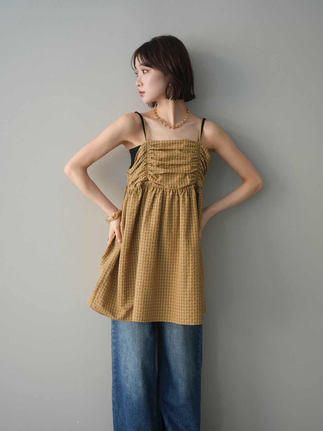 [予約]チェックギャザーキャミソールチュニック/brown