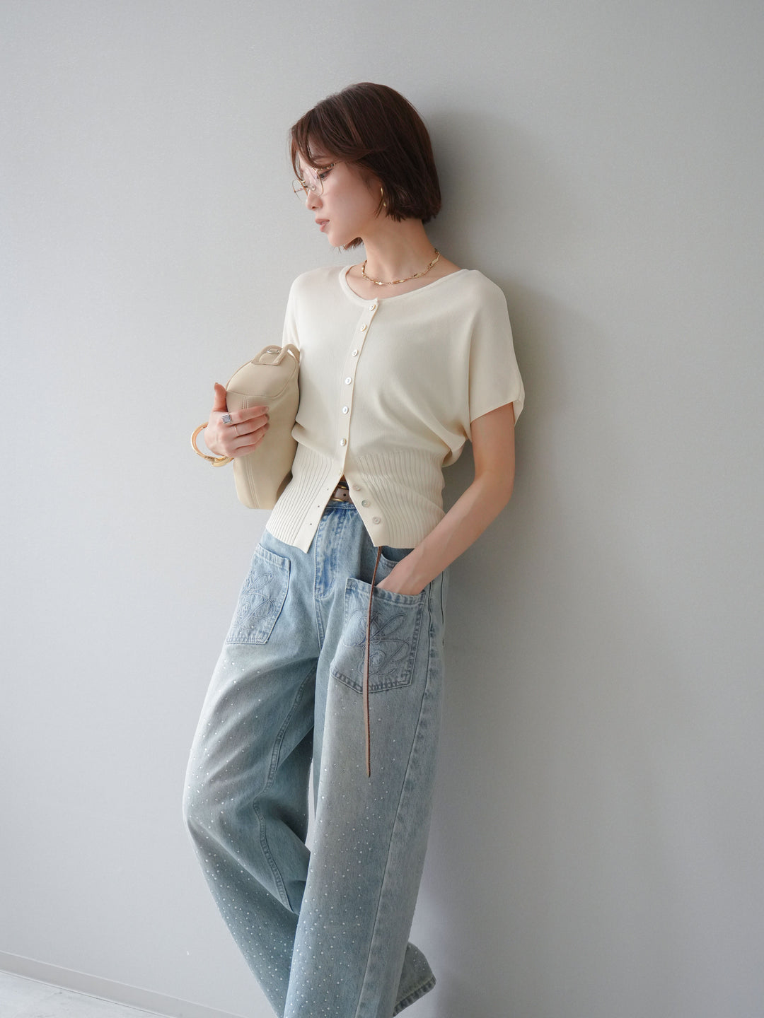 [予約]ウエストリブニットフレンチスリーブカーディガン/offwhite