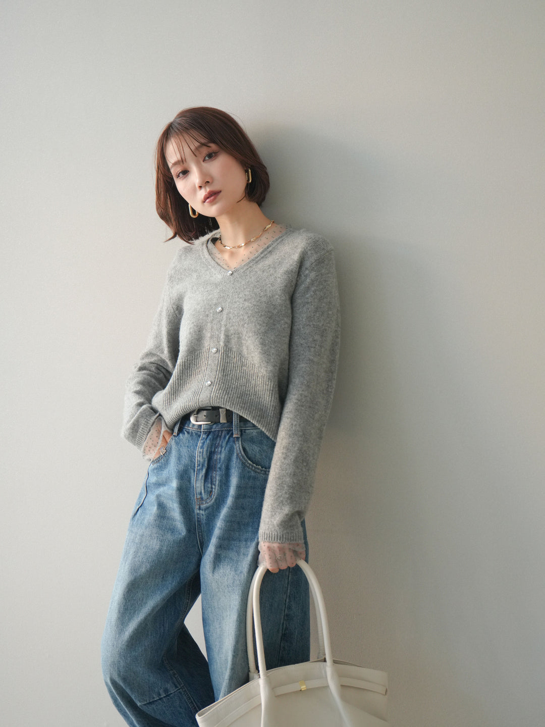 [予約]ドットチュールレイヤードボタンニットトップス/gray
