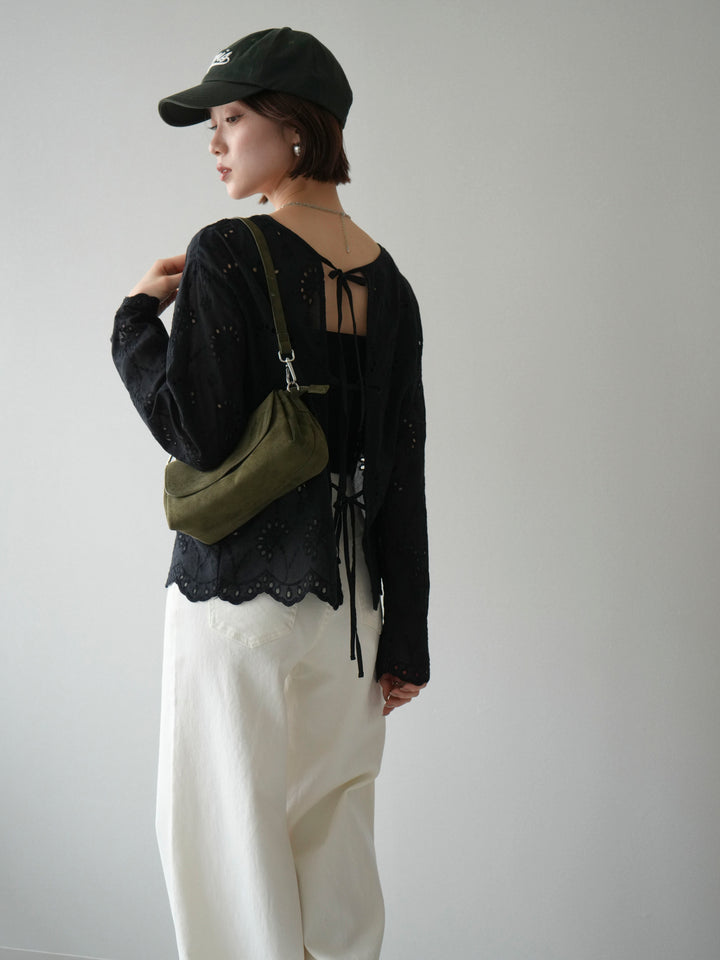 [予約]カットワークレースバックオープンブラウス/black