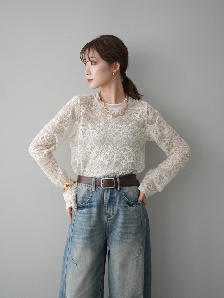 [SET]チュールレーストップス+ベルト付カーブデニムパンツ(2set)