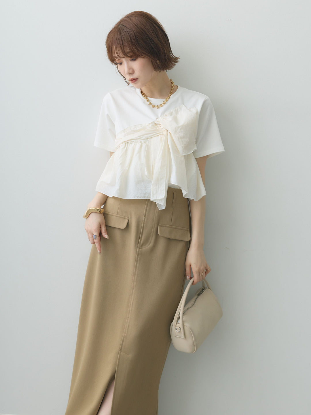 [SET]ナイロンドッキングツイストTEE +クレープデシンフラップ付きストレートスカート+ストーンウォッシュルーズフィットデニム(3set)
