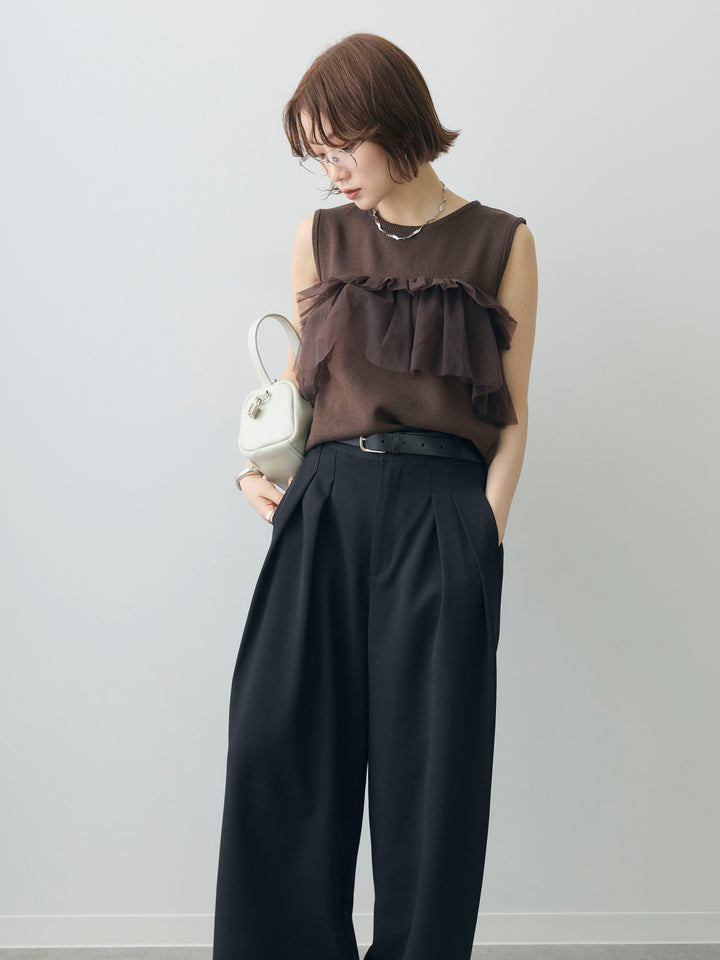 [予約]チュールフリルニットノースリトップス/brown