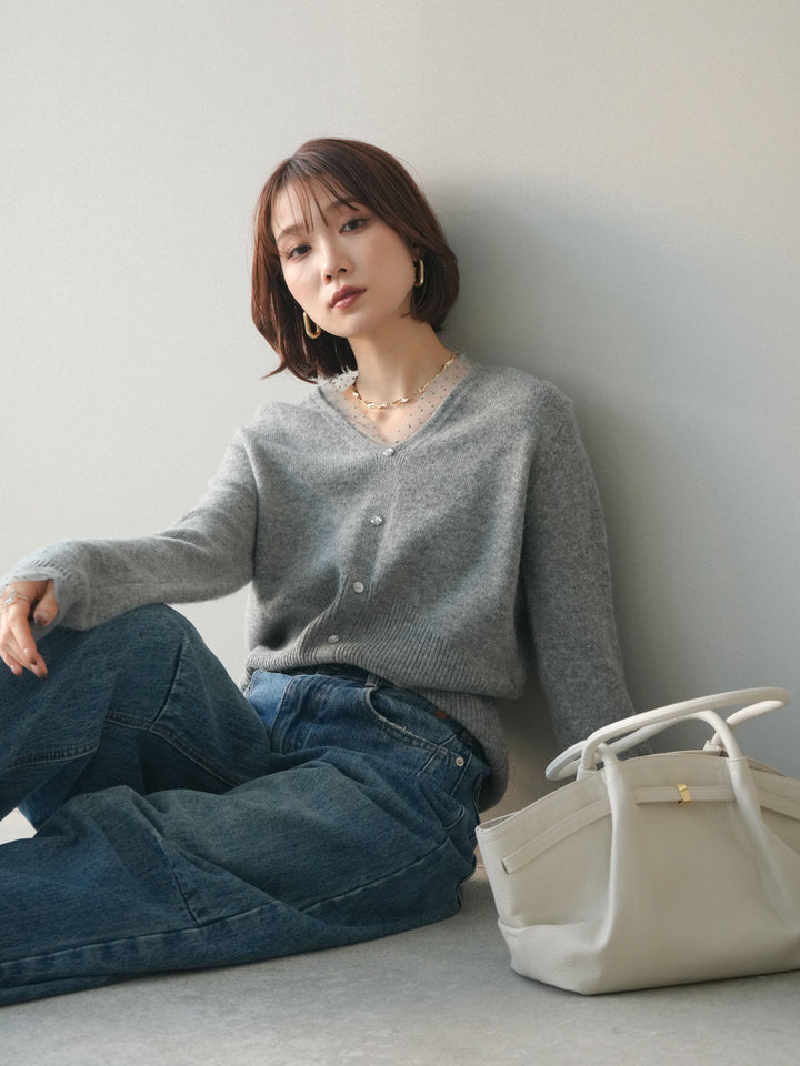 [予約]ドットチュールレイヤードボタンニットトップス/gray
