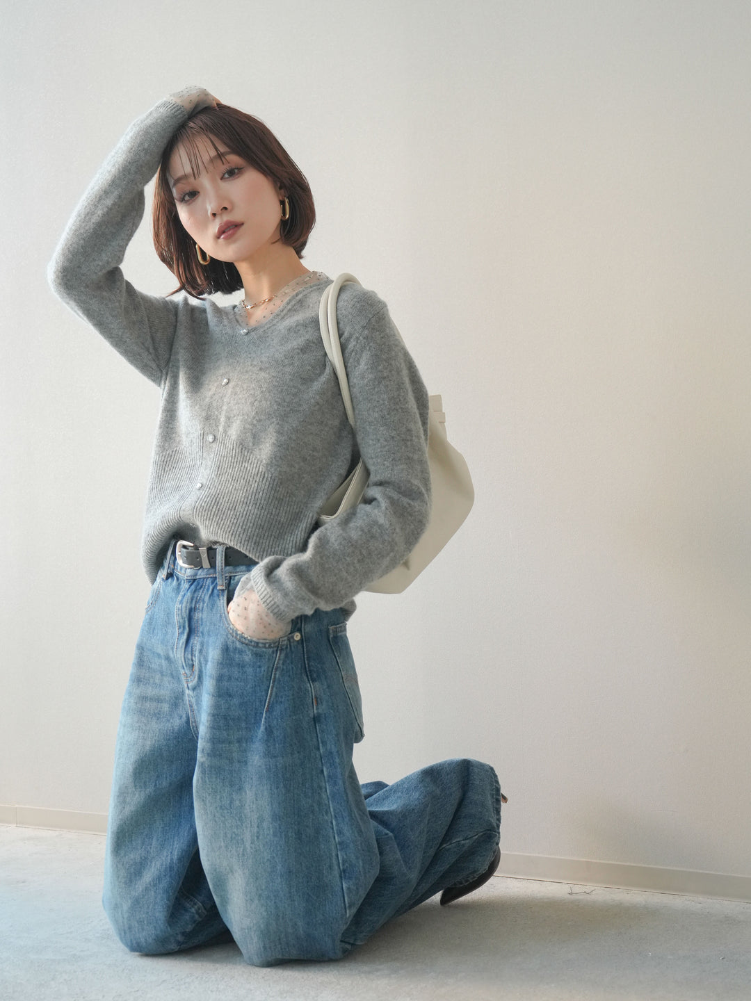 [予約]ドットチュールレイヤードボタンニットトップス/gray