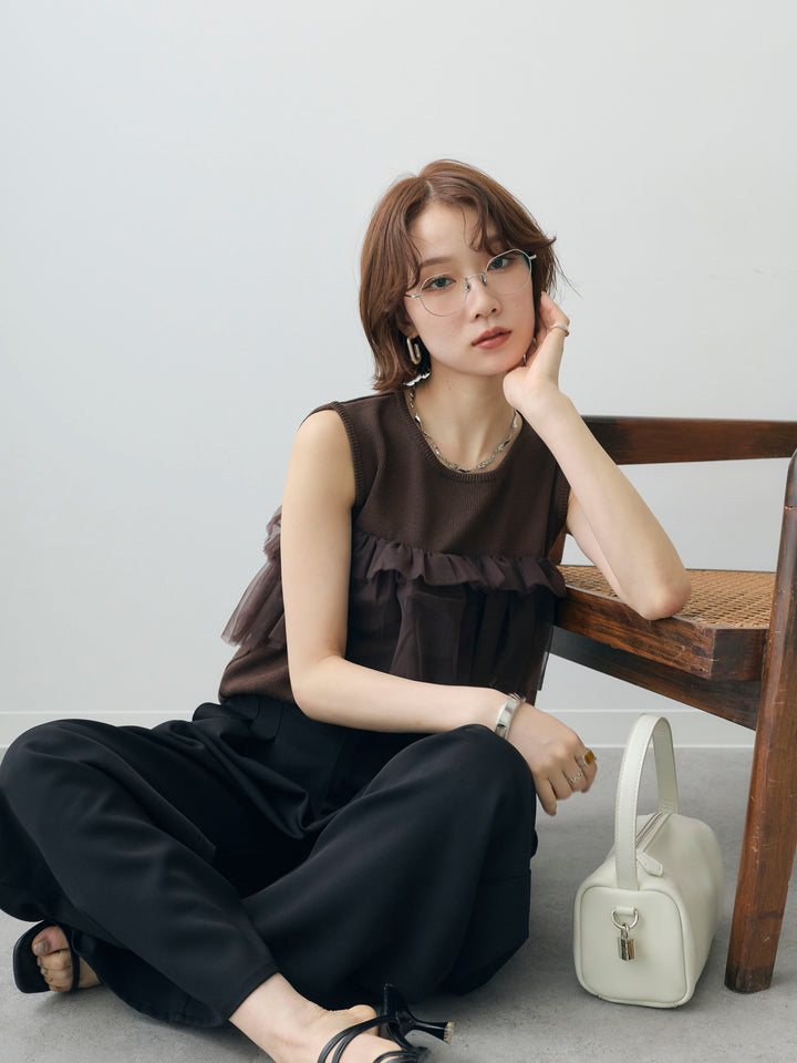 [予約]チュールフリルニットノースリトップス/brown