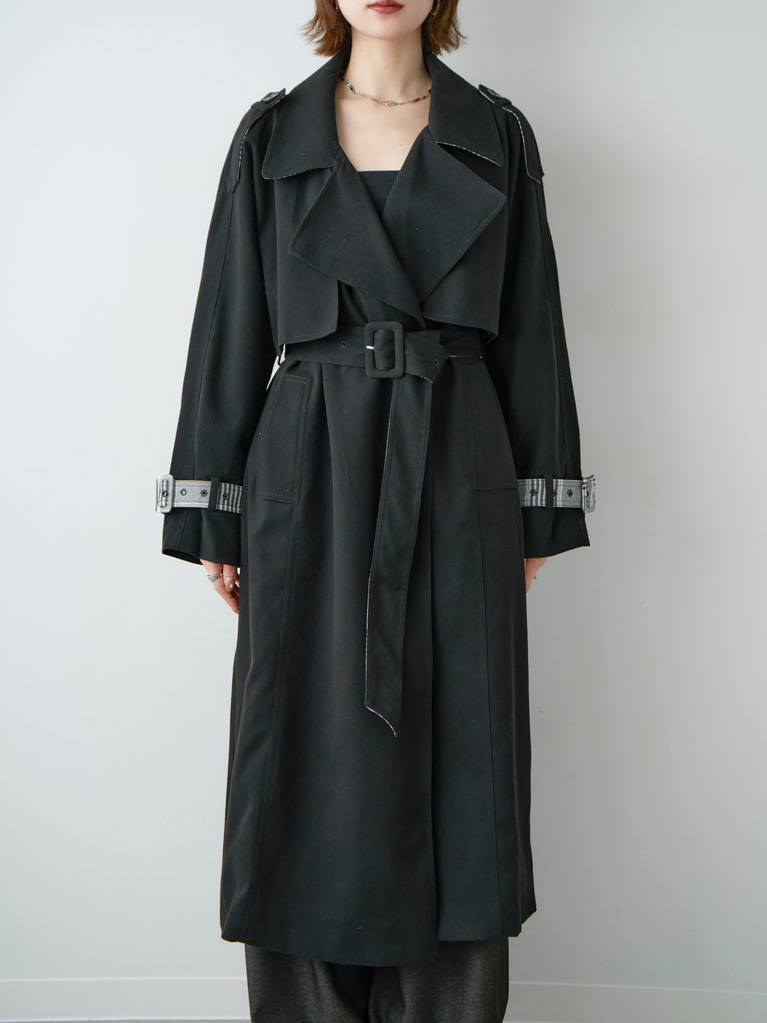 [予約]チェックコンビトレンチコート/black