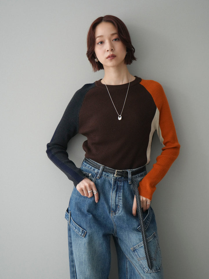 [予約]バイカラーラグランニットトップス/brown