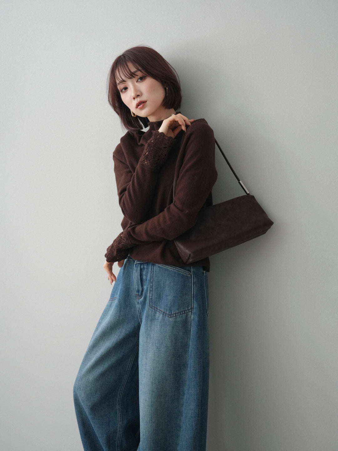 [予約]袖スカラップレースフロントボタンウールニットトップス/brown