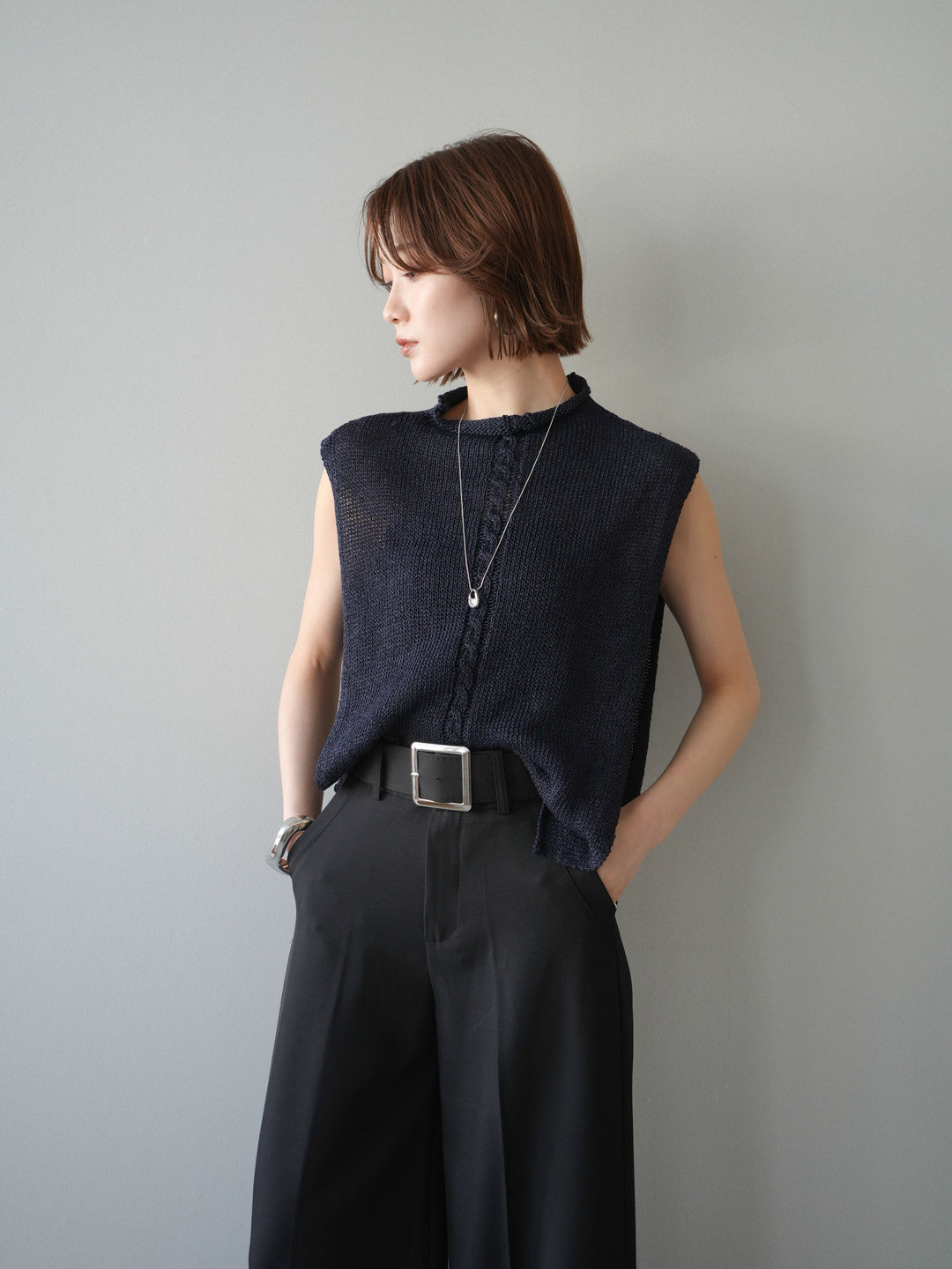 [予約]オープンサイドニットトップス/navy