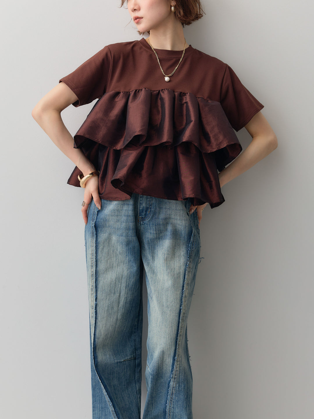 【着回しセット】フリルティアードTEE+クレープデシンタックワイドパンツ+縦ウォッシュワイドデニムパンツ(3set)