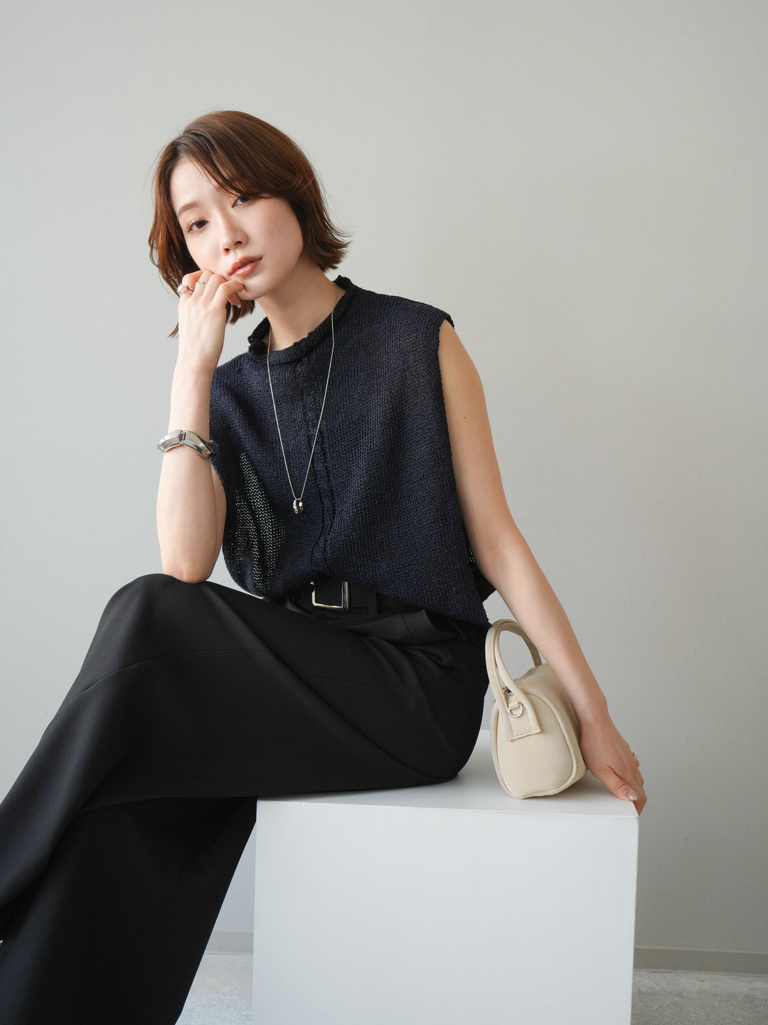 [予約]オープンサイドニットトップス/navy