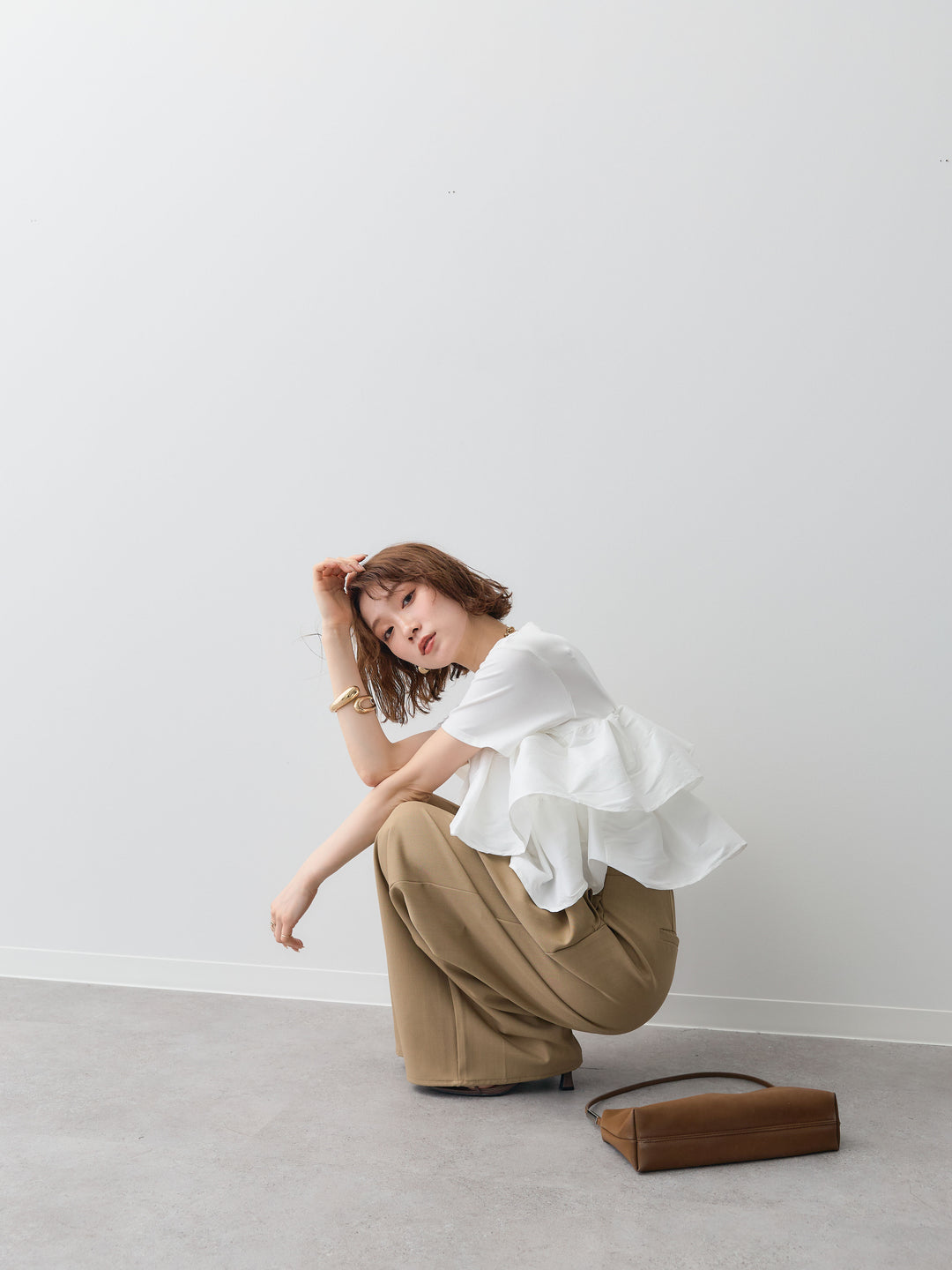 【着回しセット】フリルティアードTEE+クレープデシンタックワイドパンツ+縦ウォッシュワイドデニムパンツ(3set)