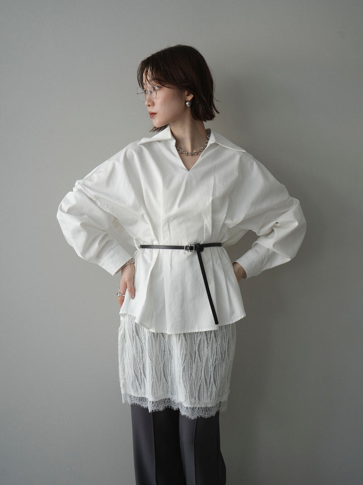 [予約]ベルト付サイドプリーツスキッパーブラウス/white
