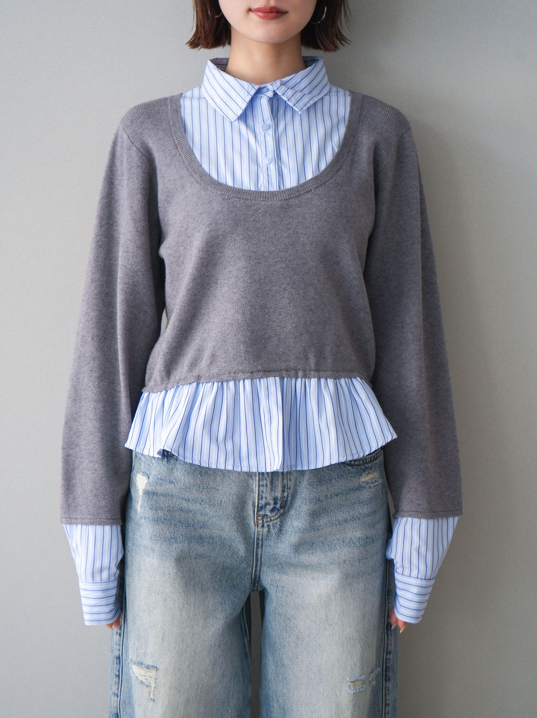 [予約]ストライプシャツUネックドッキングニットプルオーバー/graybluestripeA