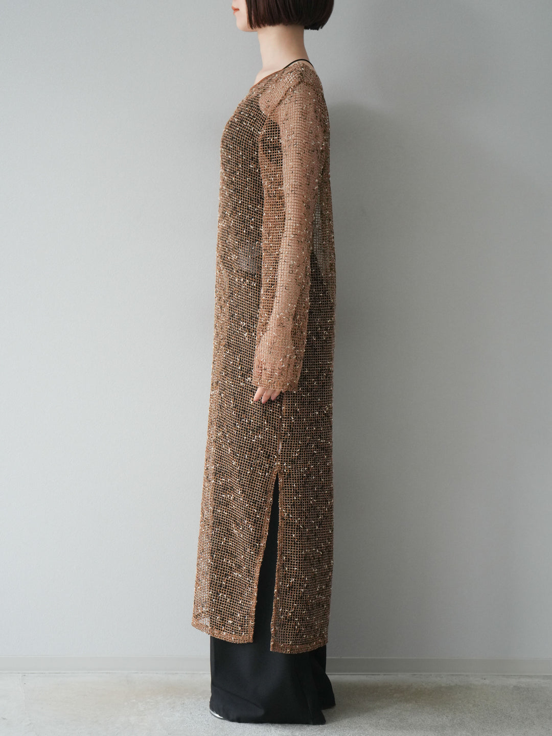 [予約]カットメッシュバックオープンワンピース/ベージュ