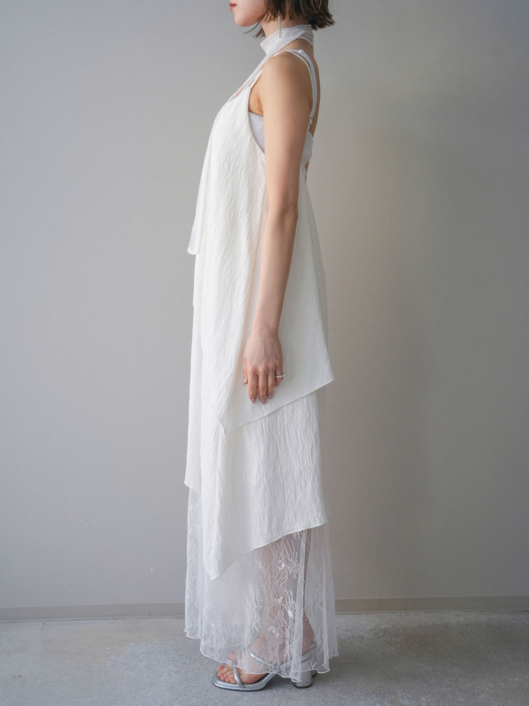 [予約]レース切替アシンメトリーワンピース/white