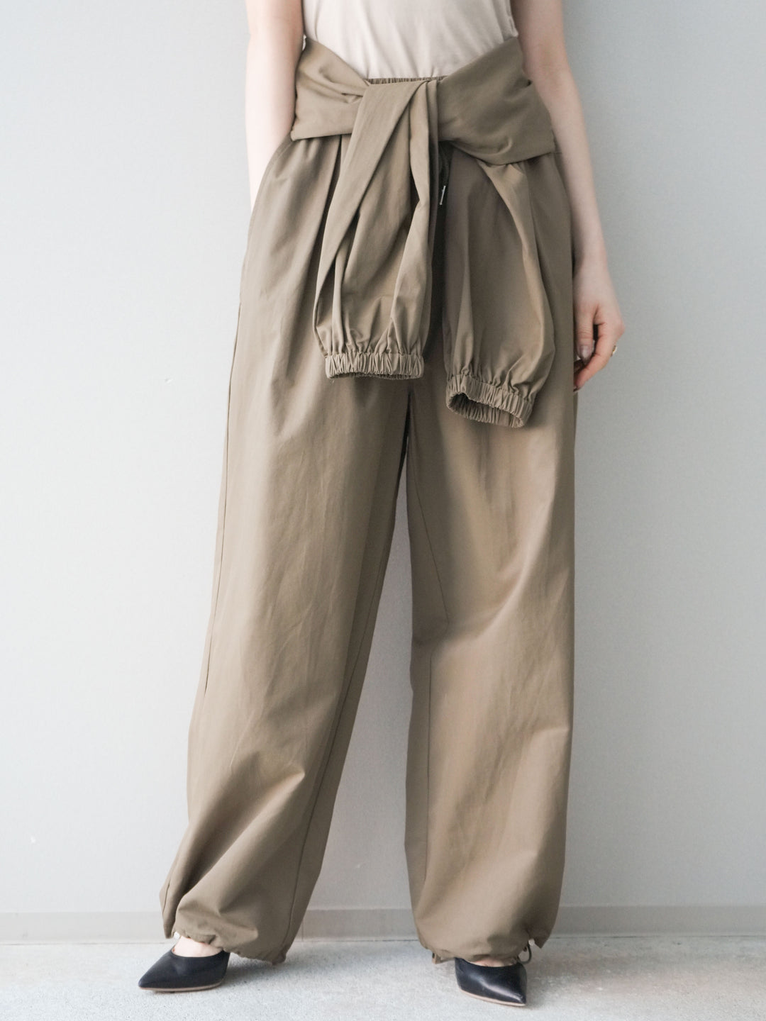 [予約]ウエスト巻きデザインドロストコットンナイロンパンツ/brown