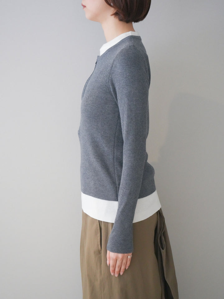 [予約]フロントジップ配色レイヤードニットトップス/gray