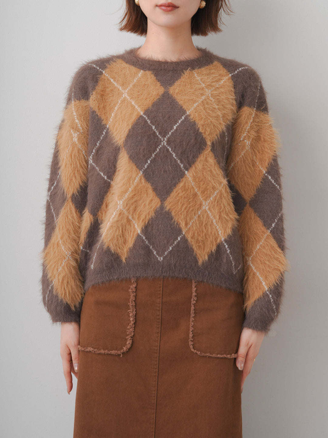 [予約]アーガイルシャギーニットトップス/brown