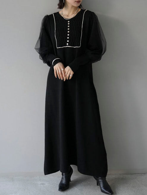 [Pre-order] Tulle layered sleeve color combination knit dress/black