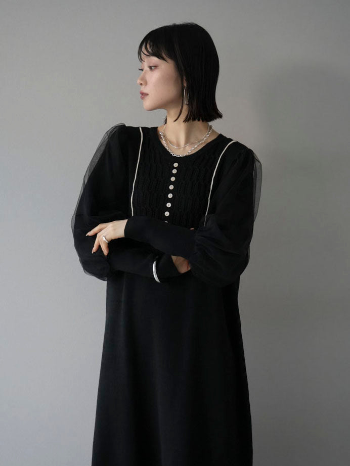 [Pre-order] Tulle layered sleeve color combination knit dress/black