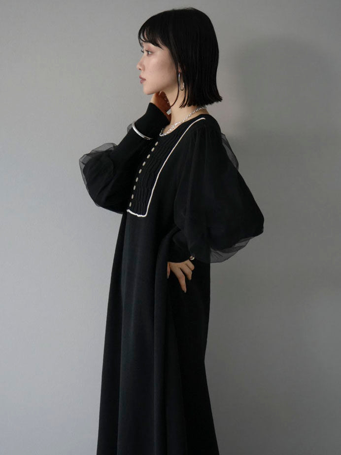 [Pre-order] Tulle layered sleeve color combination knit dress/black